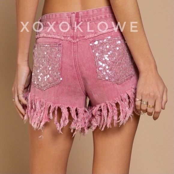 POL Barbie Pink Sequin Sparkle Bling Fringe Shorts - Picture 10 of 14